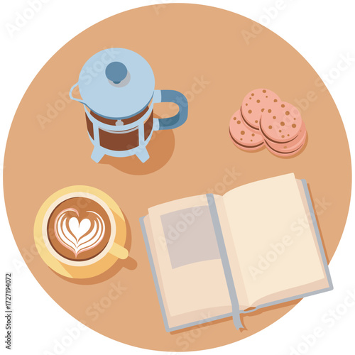 Morning coffee routine a cozy illustration featuring latte art, a french press, and cookies