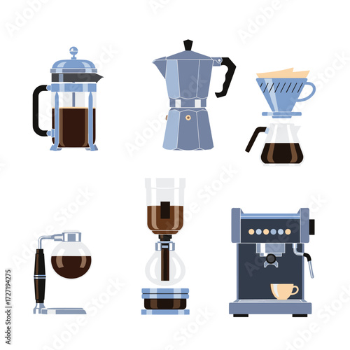 Diverse assortment of coffee preparation tools and machines illustrated in a flat design style