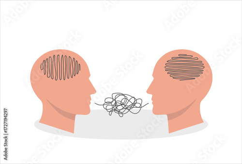Two heads think differently. Different thinking. Misunderstanding and gossip concept. People talking nonsense speech. Vector illustration 