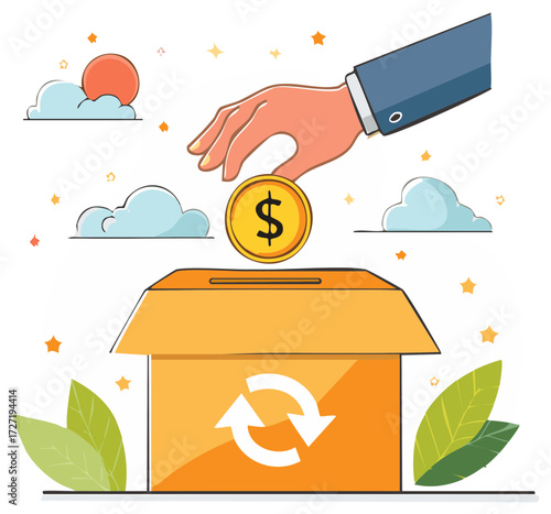 Hand Places Coin Into Recycling Box Illustration Charity Donation Concept