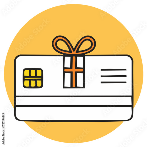 Credit card gift icon with golden ribbon on round orange background finance shopping payment holiday spending