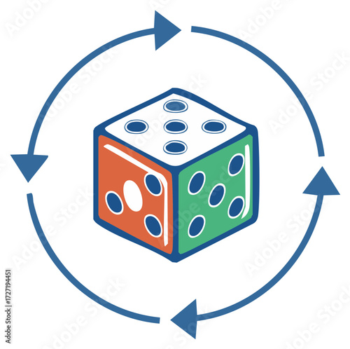 Repeating Dice with Arrow Circle Illustration Rotation Loop Luck Chance Outcome