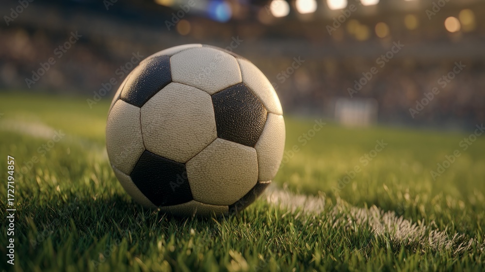 Fototapeta premium Soccer ball on green field under stadium lights. AI image
