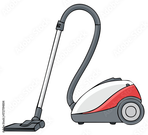 Modern red and white canister vacuum cleaner illustration for household cleaning duties