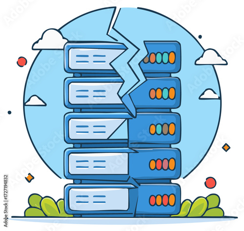 Broken Server Rack Cartoon Illustration of System Failure or Data Crash