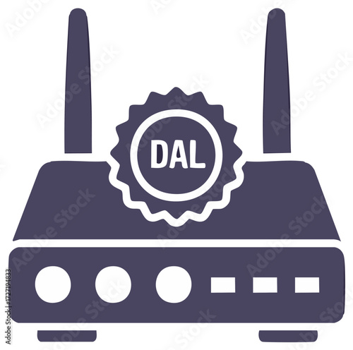 Wireless router device graphic with antennas, data, Internet and connectivity, DAL