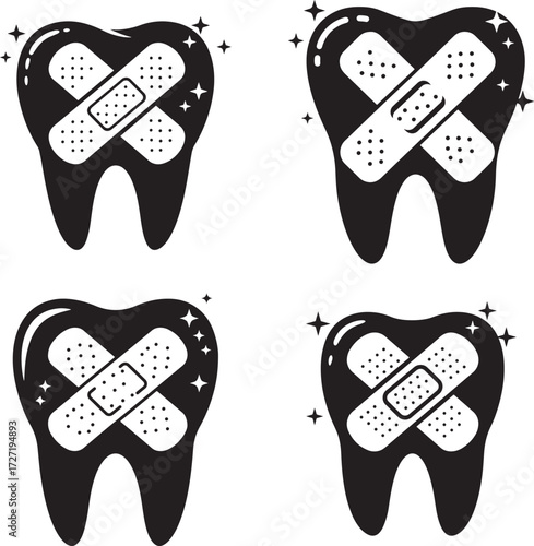 Four black tooth silhouettes with bandages and sparkles silhouette