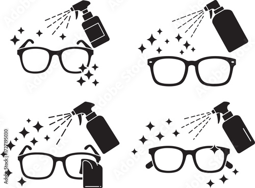 Four illustrations of eyeglasses being cleaned with spray bottle and sparkling effects silhouette