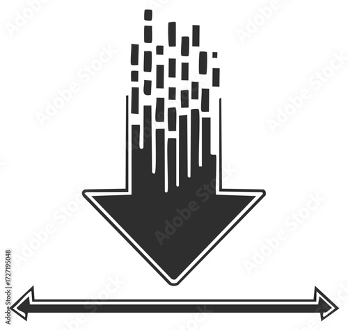 Hand drawn downward arrow breaking apart into pixels over a horizontal axis