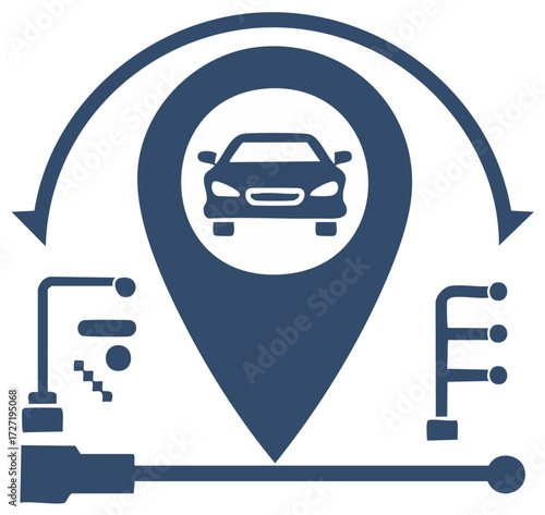 Car location, navigation, and service icons in navy color. Abstract vehicle concept.