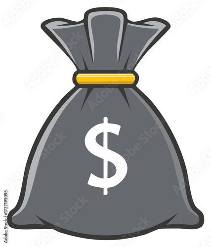 Simple vector illustration of a grey money bag with a dollar sign symbol representing finance and wealth