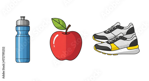Illustration showing a water bottle, a red apple with a leaf, and a pair of running shoes side by side