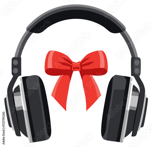 Music gift concept with over ear headphones and a festive red ribbon bow vector illustration