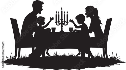Family silhouette dining at table with candelabra vector