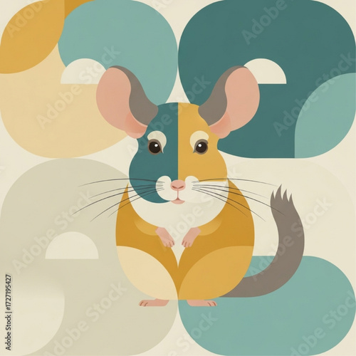 Modern Geometric Chinchilla Illustration Featuring Split-Tone Color Palette and Abstract Background Design Concept