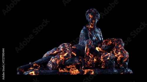 figure is showered with lava.