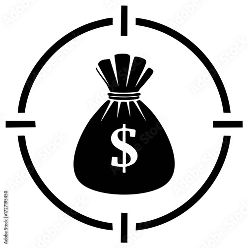 Money bag with dollar sign inside target crosshairs aiming icon representing financial goals