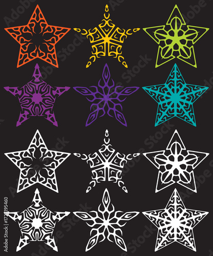 Colorful abstract star burst design with vibrant gradients and sharp rays. Dynamic vector illustration featuring glowing multicolor stars, explosive energy lines, and playful geometric bursts. Perfect