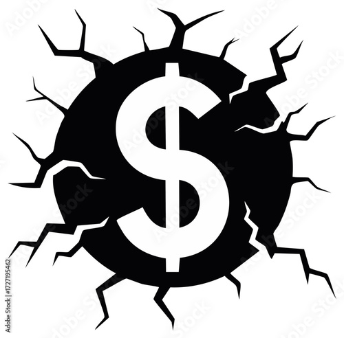 Dollar Symbol Breaking Through a Cracked Surface Icon Illustration in Black and White
