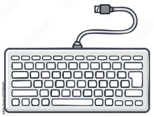 Simple Computer Keyboard with USB Cable, Minimalist Technology Interface Illustration