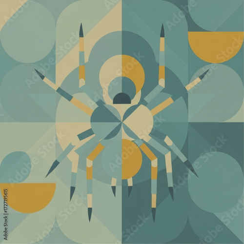 Modernist geometric interpretation of a spider in a symmetrical and abstract composition