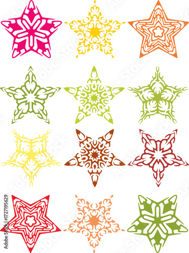 Colorful abstract star burst design with vibrant gradients and sharp rays. Dynamic vector illustration featuring glowing multicolor stars, explosive energy lines, and playful geometric bursts. Perfect