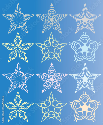Colorful abstract star burst design with vibrant gradients and sharp rays. Dynamic vector illustration featuring glowing multicolor stars, explosive energy lines, and playful geometric bursts. Perfect
