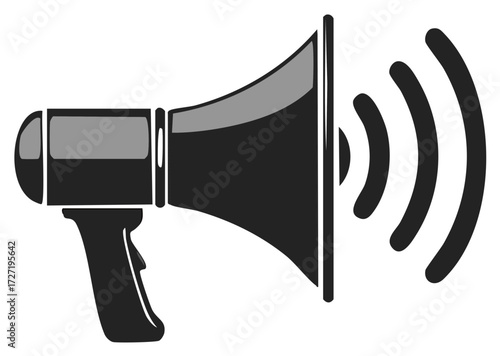 Black and gray megaphone with sound waves, a symbol for public announcement and communication