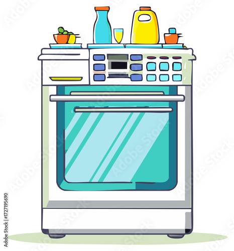 Colorful cartoon illustration of a modern kitchen stove oven appliance
