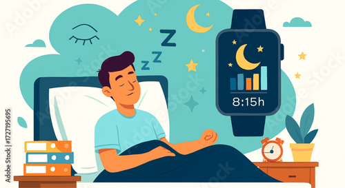 Illustration of a sleeping man with a smart watch displaying sleep data and time at eight fifteen
