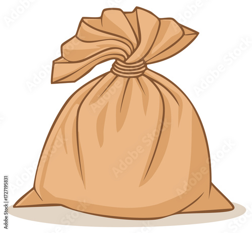 Brown Cloth Sack Tied at Top, Cartoon Style Illustration, Simple Bag Vector Art, Tied Sacks for Storage or Deliveries, Beige Color Fabric.