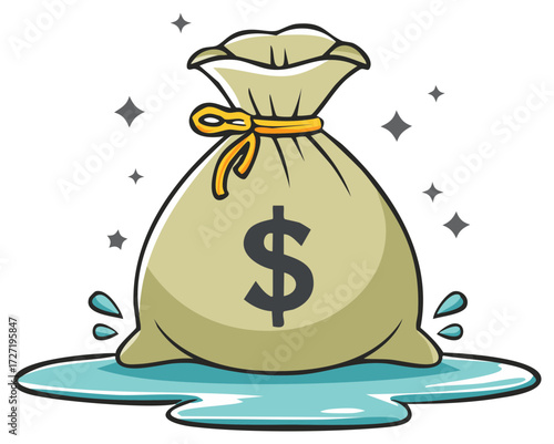 Cartoon money bag with a dollar sign leaking water in a puddle representing financial loss or waste
