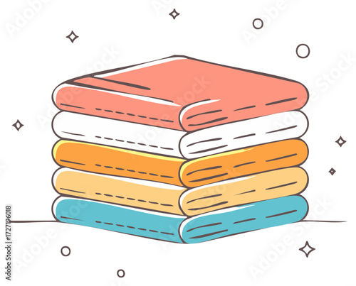 Stack of neatly folded colorful towels or linens with sparkling elements