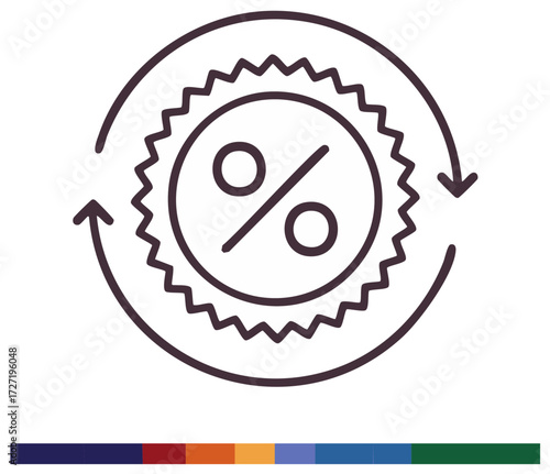 Cashback and recurring discount icon with percentage sign and circular arrows