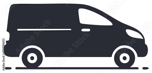 Stylized dark gray commercial transport van vehicle icon representing logistics and express delivery services