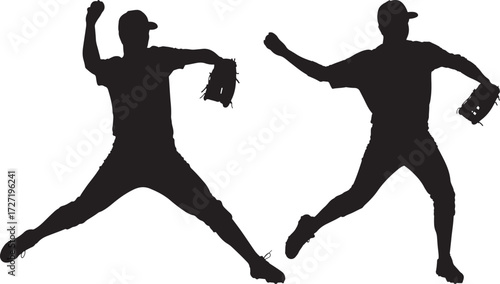 Two baseball pitchers in mid pitch silhouette against white background