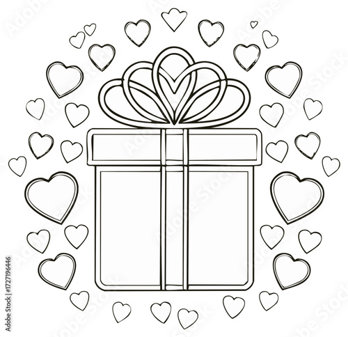 Gift box with ribbon and scattered hearts illustration for celebration and love