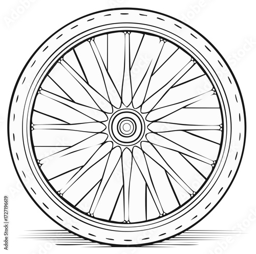 Detailed Outline Drawing of a Classic Bicycle Wheel with Spokes