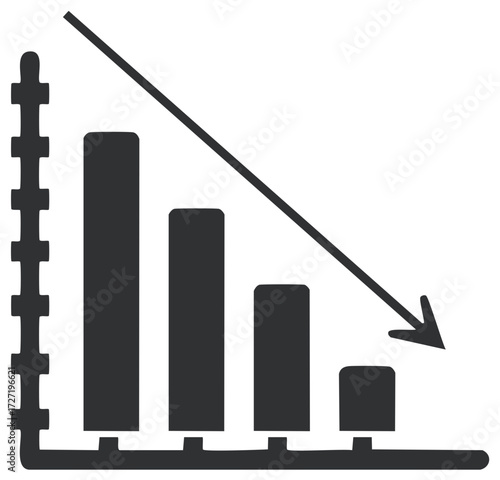Decreasing bar graph icon with a downward arrow symbolizing financial recession and business failure