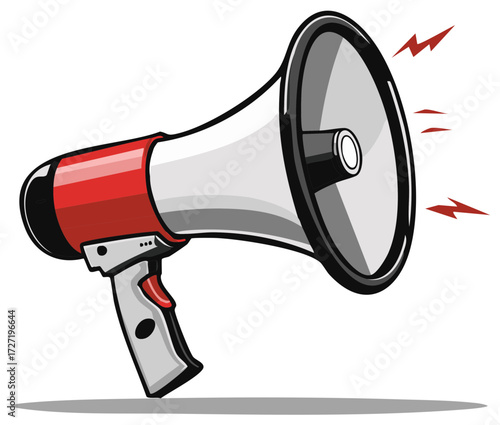 Red and White Megaphone Loudspeaker with Sound Waves Spreading Important Announcement