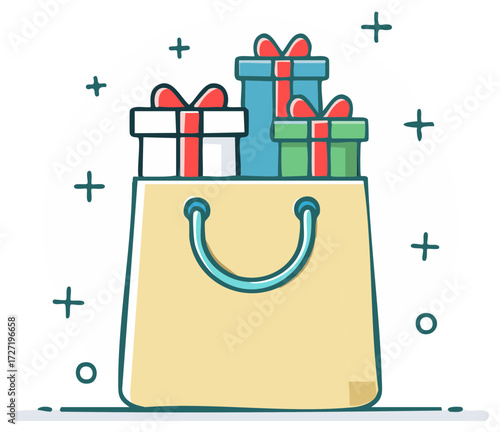 Shopping bag filled with colorful gift boxes presents for celebration and special occasion sale