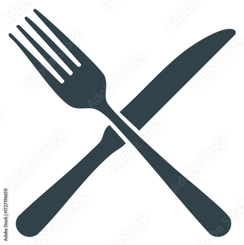 Crossed fork and knife graphic icon representing dining and food service