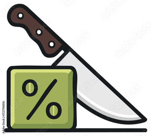 Percentage symbol block next to knife illustrates sales cuts price slashing concept