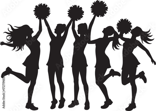 Five black silhouette cheerleaders jumping with pom poms