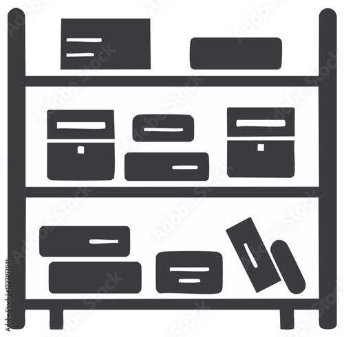 Shelving unit with boxes, containers, and books on shelves storage concept