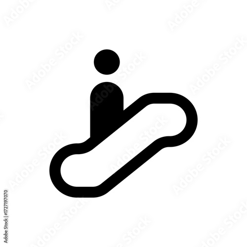 A simple black and white icon depicting a person riding an escalator going upwards in a modern design style