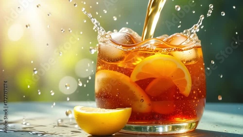 Refreshing iced tea being poured with lemon and ice, perfect for a hot summer day, creating a splash of cool refreshment and relaxation
