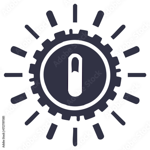 Power button symbol integrated with gear and radiating light indicating energy and technology