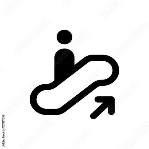 A simple black and white icon depicting a person riding an escalator going up with an arrow pointing upwards
