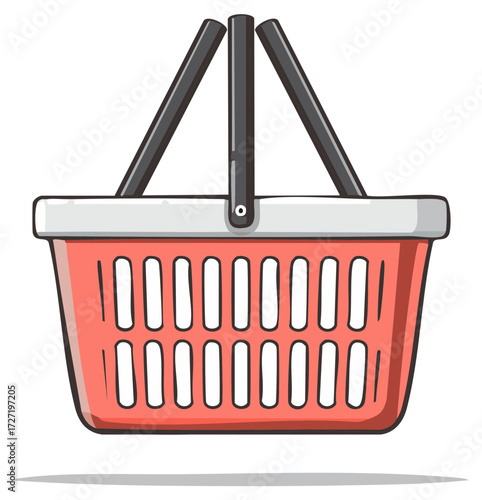 Red plastic shopping basket with black handles and white trim isolated on white